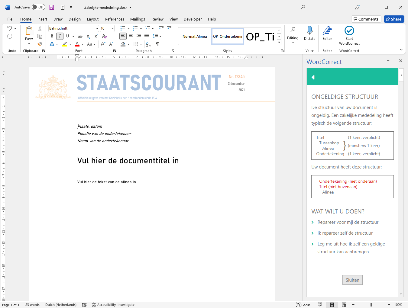 Add-in scherm voor het tonen van een foutmelding