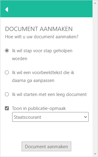 Add-in scherm voor het aanmaken van een nieuw document