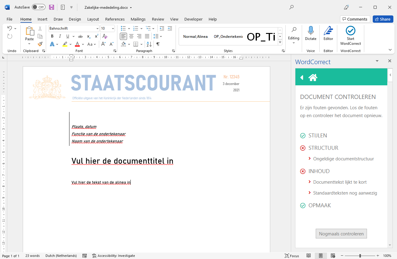 Add-in scherm voor het valideren van een document