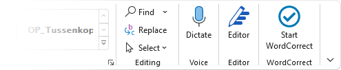 Knoppenbalk met rechts de WordCorrect add-in